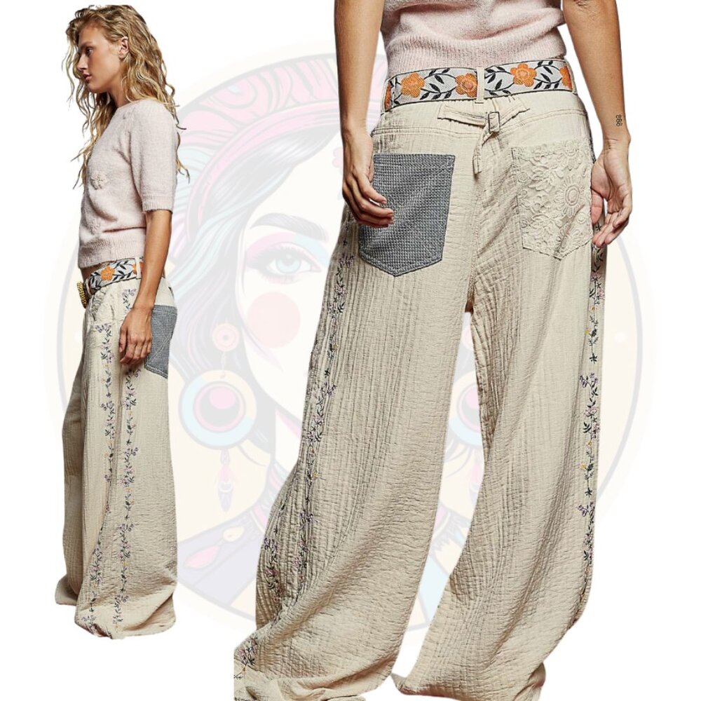 P46 POL Sand Beige Lace Detail Double Gauze Woven Pants - Picture 2 of 2